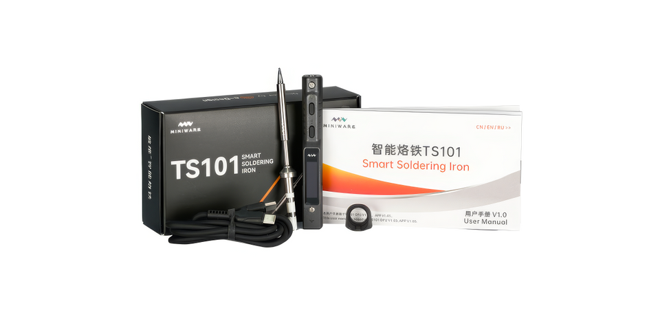 Miniware TS101 smart soldering iron kit: the iron with tip, coiled USB-C cable, retail box and user manual