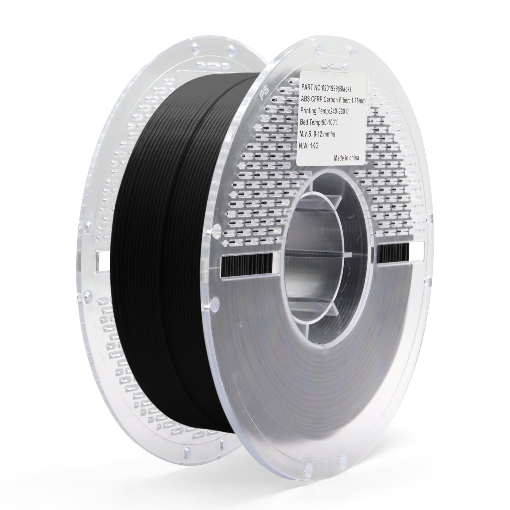 Black ABS Carbon Fiber filament spool for 3D printing — reinforced, rigid, and heat-resistant material ideal for functional parts, RC components, and industrial prototypes.