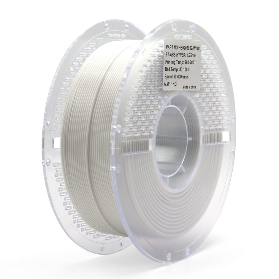 White ABS Hyper filament spool for 3D printing — durable, strong, and heat-resistant material ideal for enclosures, prototypes, and functional mechanical parts.