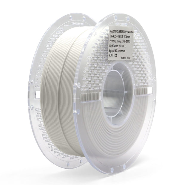 White ABS Hyper filament spool for 3D printing — durable, strong, and heat-resistant material ideal for enclosures, prototypes, and functional mechanical parts.