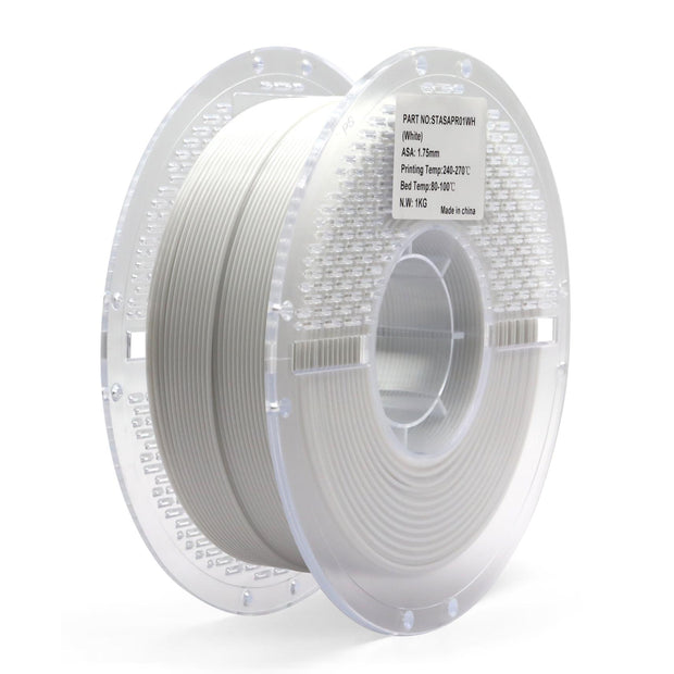 White ASA filament spool for 3D printing — UV-resistant, heat-tolerant, and ideal for outdoor functional and aesthetic parts.