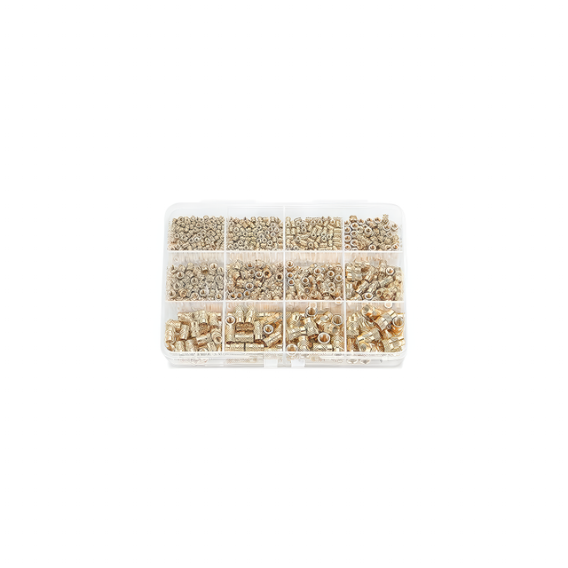 Box of assorted brass threaded inserts for 3D printed parts — includes multiple sizes for PLA, ABS, and PETG projects.