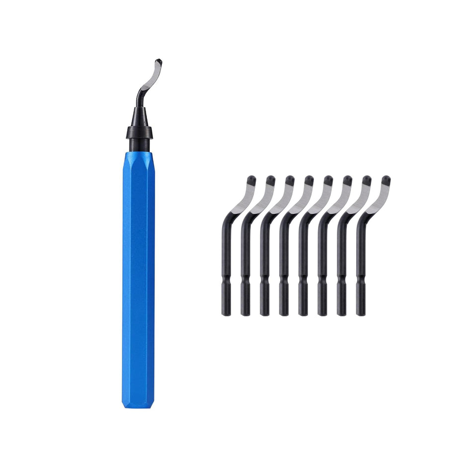 Deburring Tool with blue aluminum handle and steel swivel blade