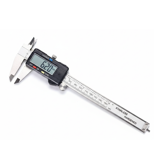 150mm digital caliper with LCD display and stainless steel body — precise measuring tool for makers and engineers.