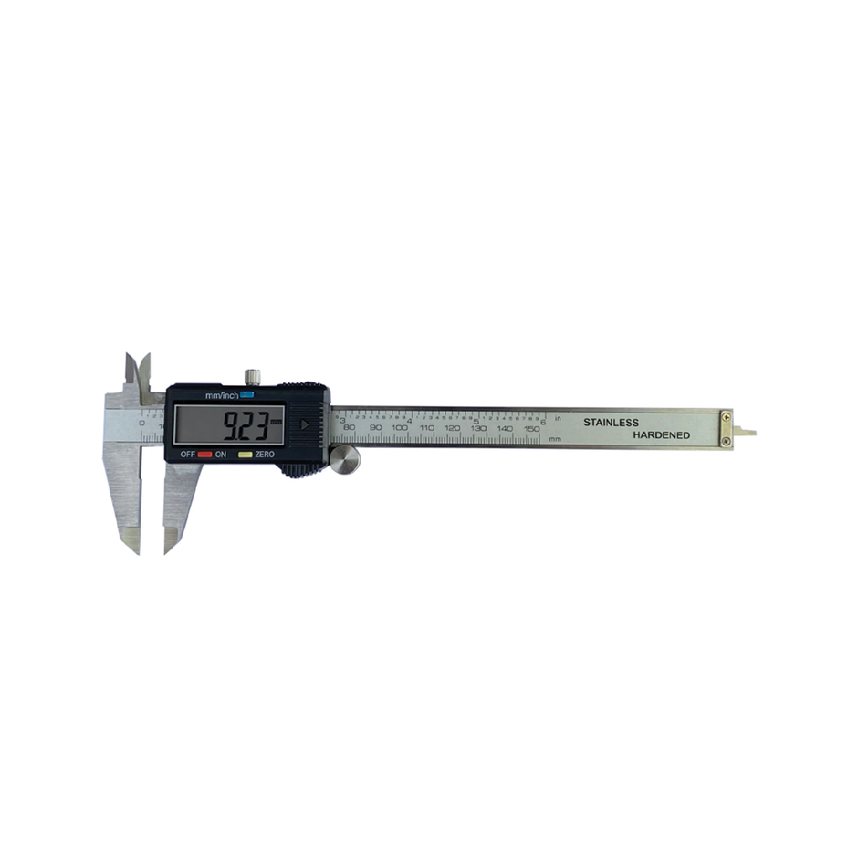 150mm digital caliper with LCD display and stainless steel body — precise measuring tool for makers and engineers.