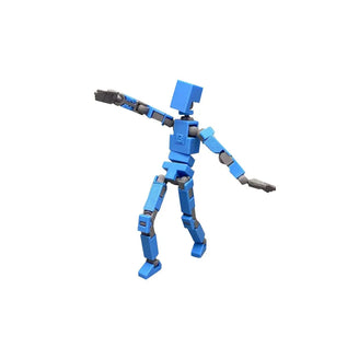 Blue 3D printed articulated figure model showing joint precision and flexibility using NOZL Store filament.