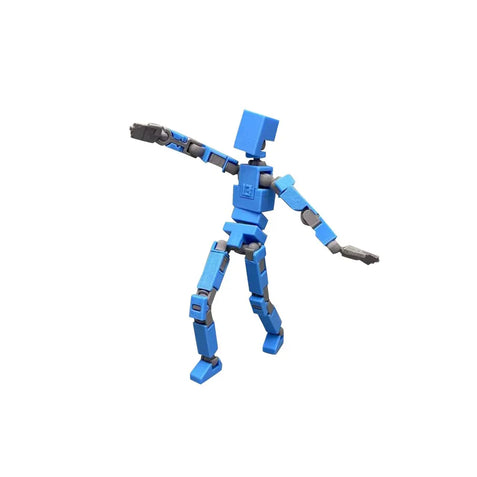 Blue 3D printed articulated figure model showing joint precision and flexibility using NOZL Store filament.