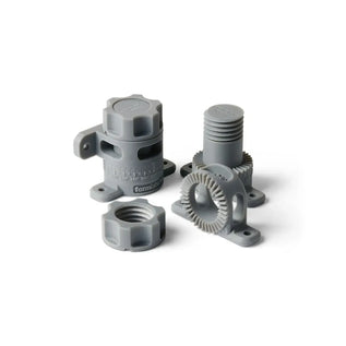 Gray 3D printed mechanical parts showing precision threads and gears made using NOZL Store resin and filament materials.