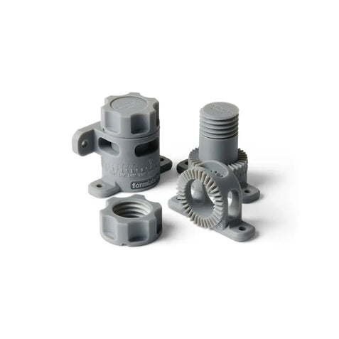 Gray 3D printed mechanical parts showing precision threads and gears made using NOZL Store resin and filament materials.
