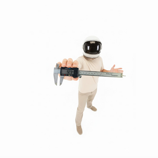 Astronaut mascot holding a digital caliper showing measurement, symbolizing precision tools for 3D printing from NOZL Store Kuwait.