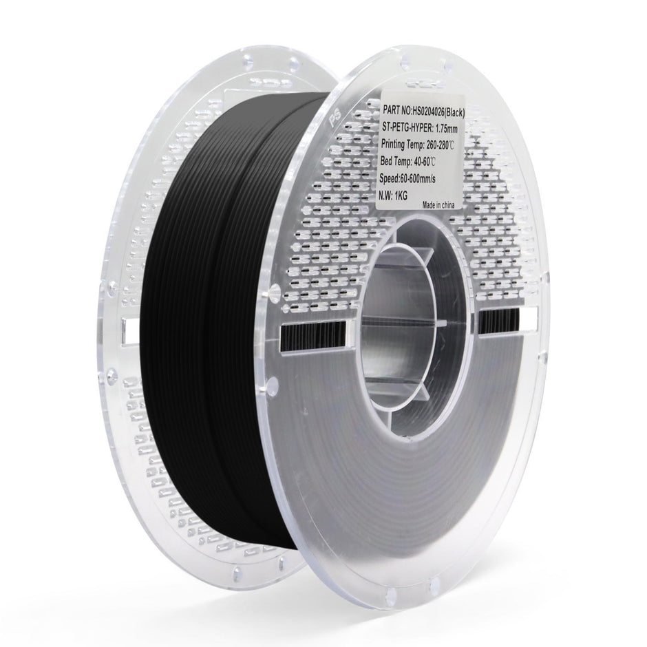 Black PETG Hyper filament spool for 3D printing — durable, high-speed material with excellent layer adhesion and smooth finish.