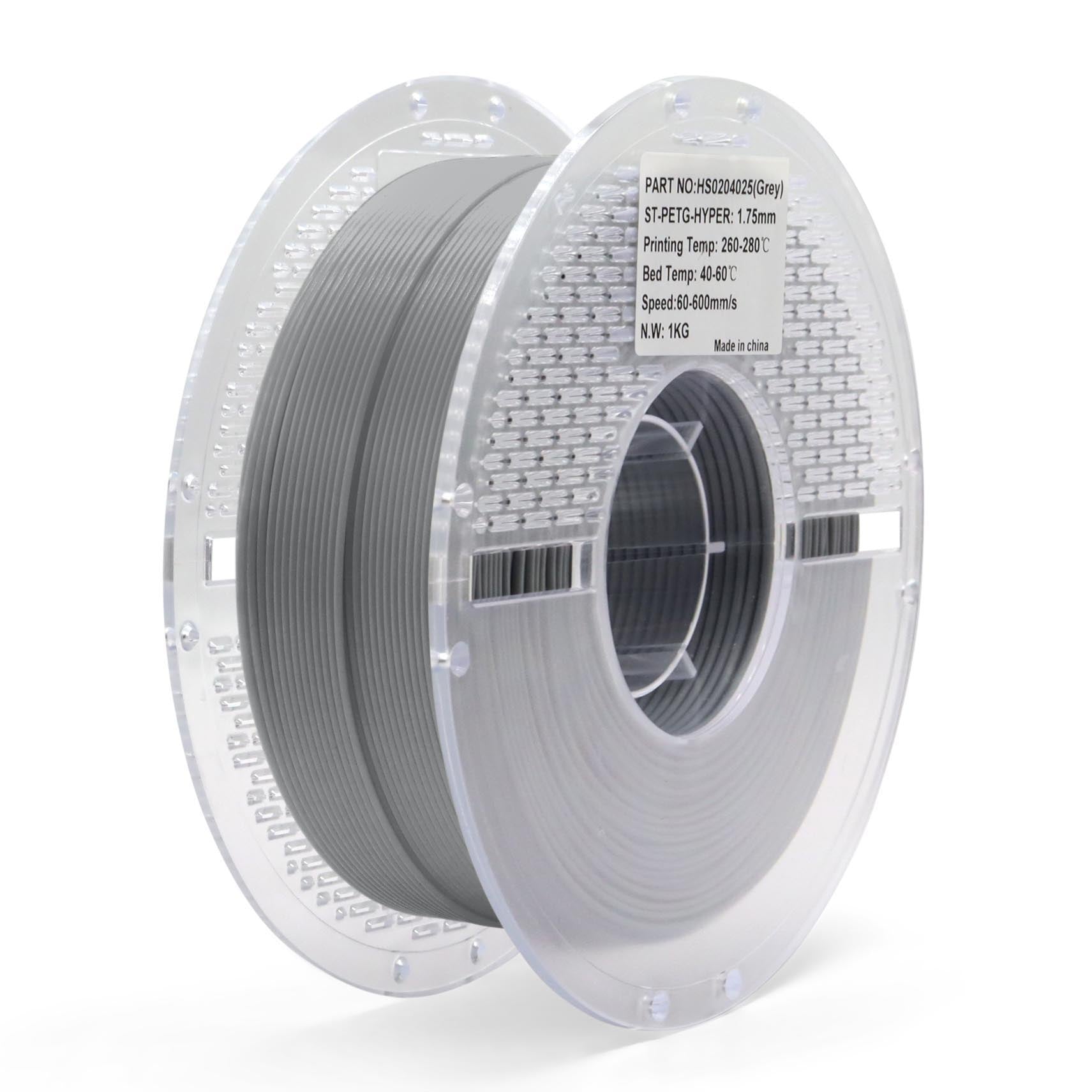 Grey PETG Hyper filament spool for 3D printing — high-speed, durable, and easy-to-print material with excellent layer adhesion.