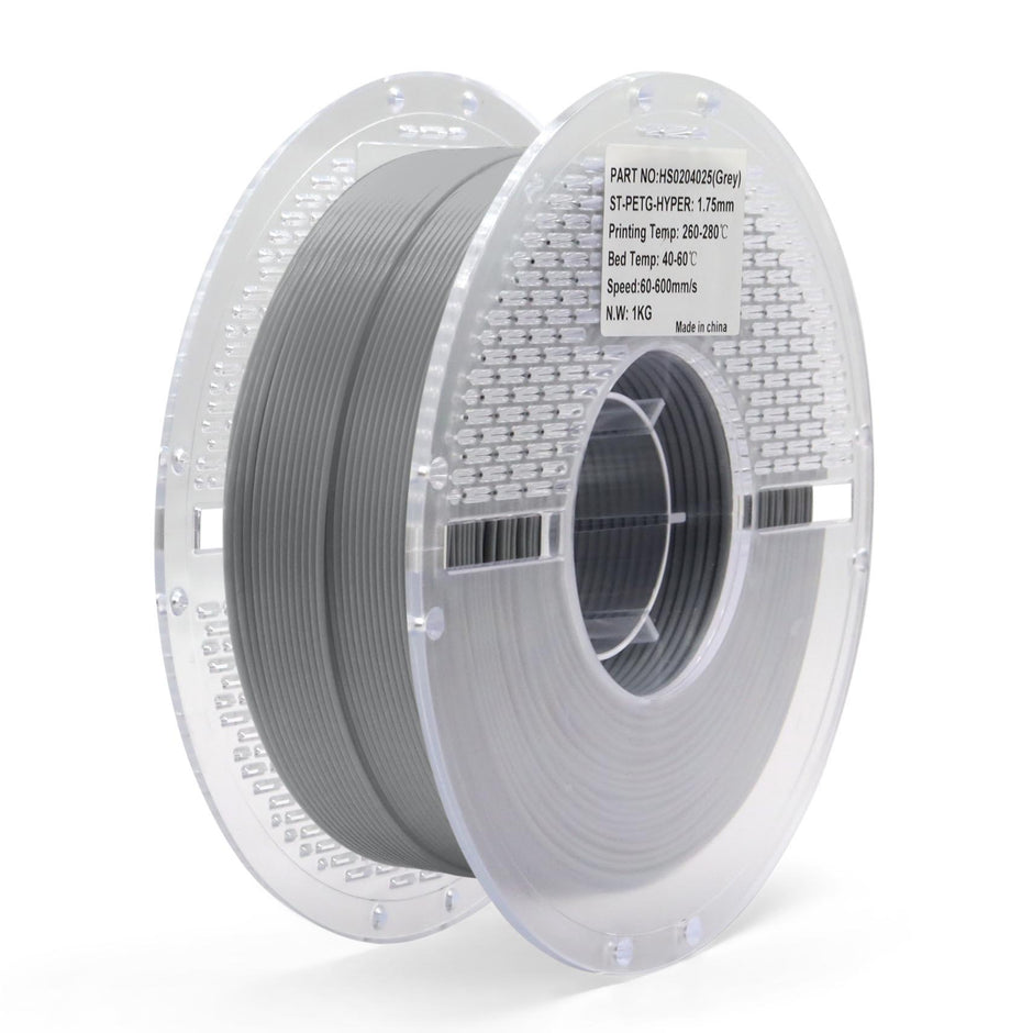Grey PETG Hyper filament spool for 3D printing — high-speed, durable, and easy-to-print material with excellent layer adhesion.