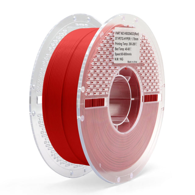 Red PETG Hyper filament spool for 3D printing — durable, high-speed material with excellent layer adhesion and smooth surface finish.