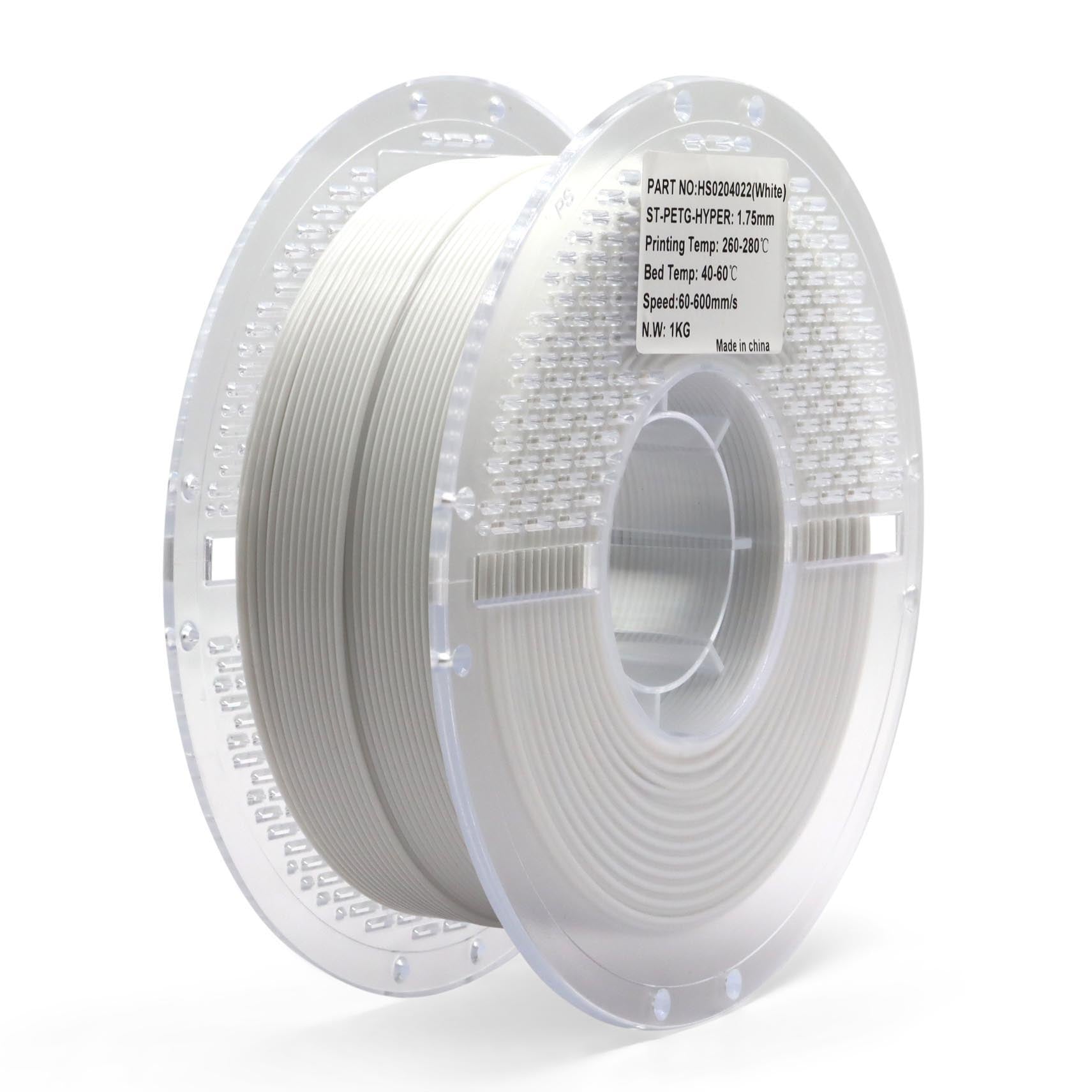 White PETG Hyper filament spool for 3D printing — durable, high-speed material with strong adhesion and smooth surface finish.