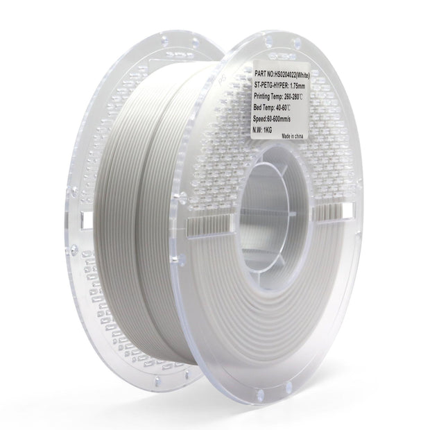White PETG Hyper filament spool for 3D printing — durable, high-speed material with strong adhesion and smooth surface finish.