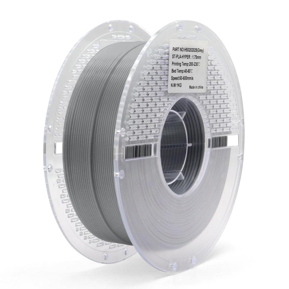 Grey PLA Hyper filament spool for 3D printing — high-speed, durable, and easy-to-use material with excellent layer bonding.