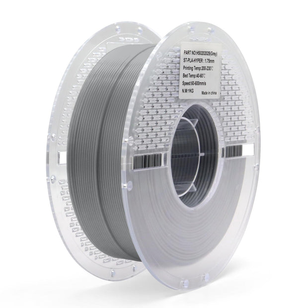 Grey PLA Hyper filament spool for 3D printing — high-speed, durable, and easy-to-use material with excellent layer bonding.