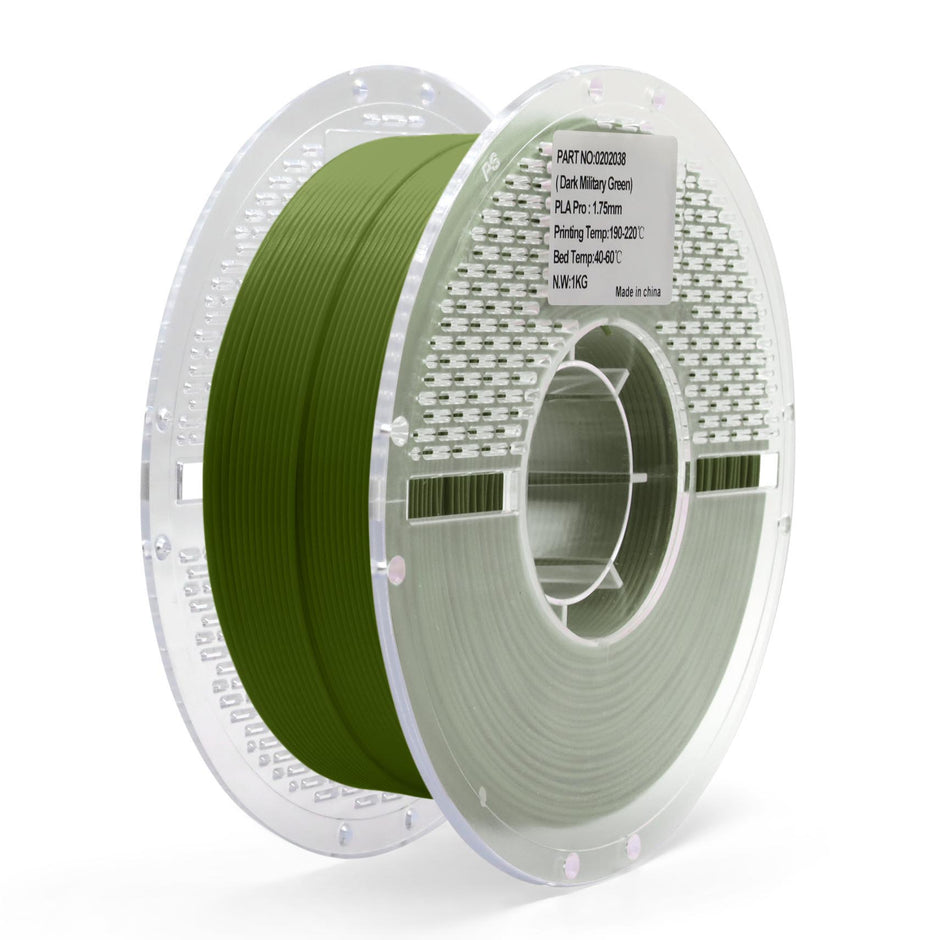 Dark military green PLA Pro filament spool for 3D printing — strong, precise, and easy to print with excellent layer adhesion and smooth finish.