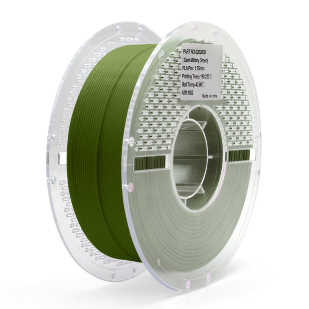 Dark military green PLA Pro filament spool for 3D printing — strong, precise, and easy to print with excellent layer adhesion and smooth finish.