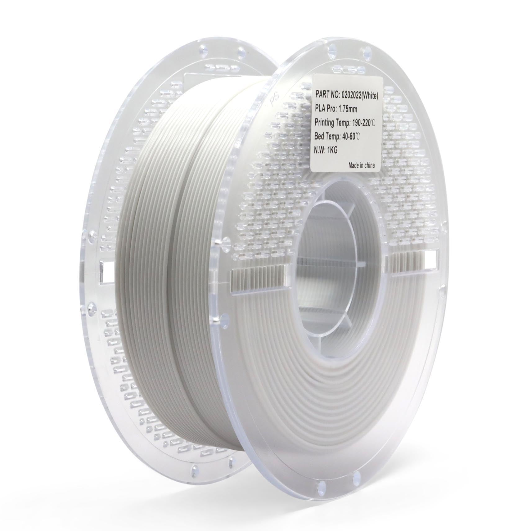 White PLA Pro filament spool for 3D printing — durable, smooth, and easy-to-use material offering excellent strength and print quality.