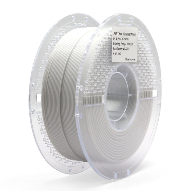 White PLA Pro filament spool for 3D printing — durable, smooth, and easy-to-use material offering excellent strength and print quality.