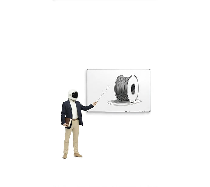 Person in a suit using a whiteboard with a spool of wire diagram on a white background