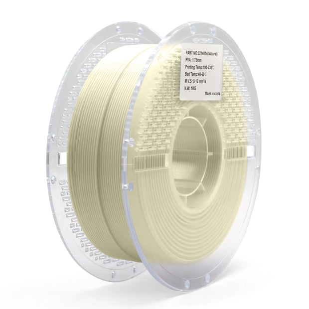 A spool of PVA water-soluble filament, primarily beige in color, used for 3D printing support structures.