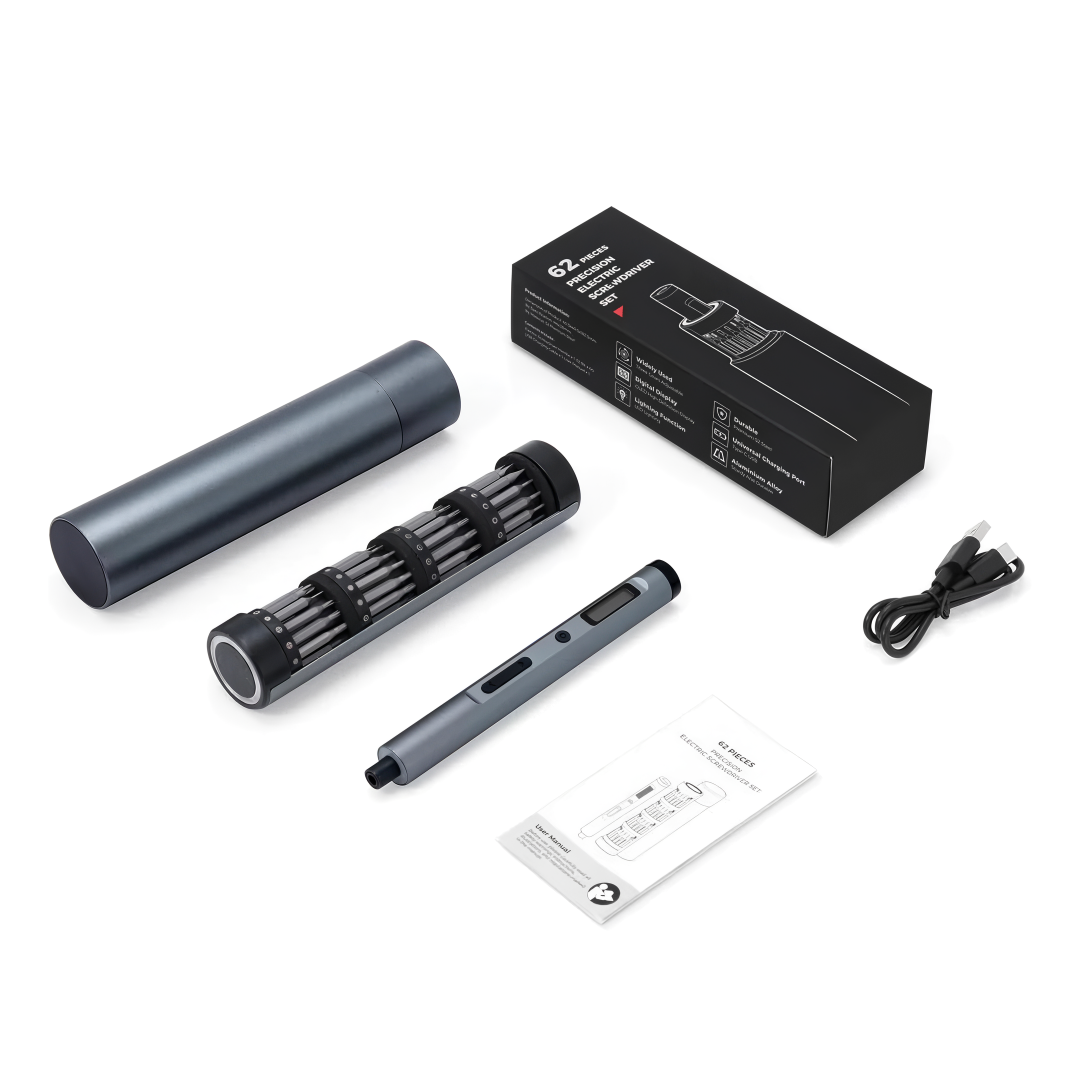 Electric precision screwdriver set with digital display, multiple magnetic bits, and cylindrical storage case — compact and rechargeable design.