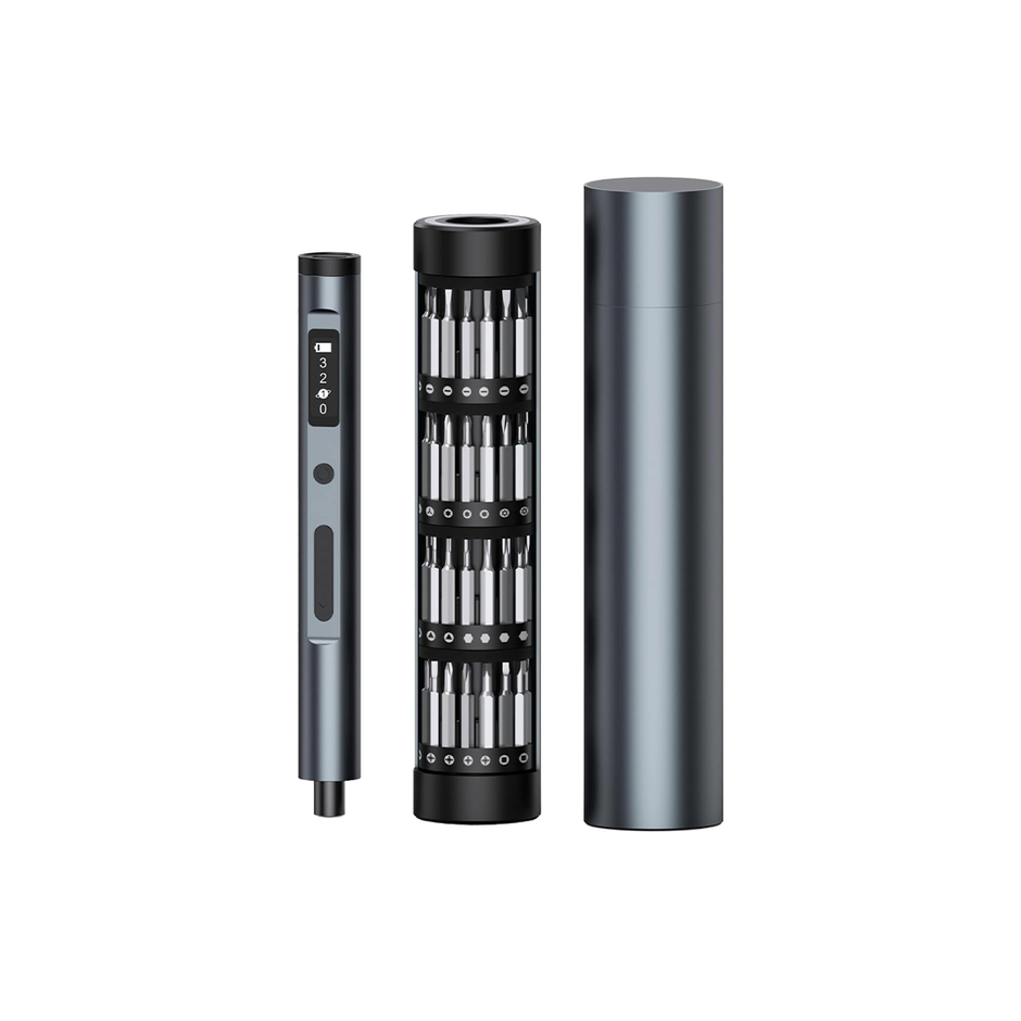 Electric precision screwdriver set with digital display, multiple magnetic bits, and cylindrical storage case — compact and rechargeable design.
