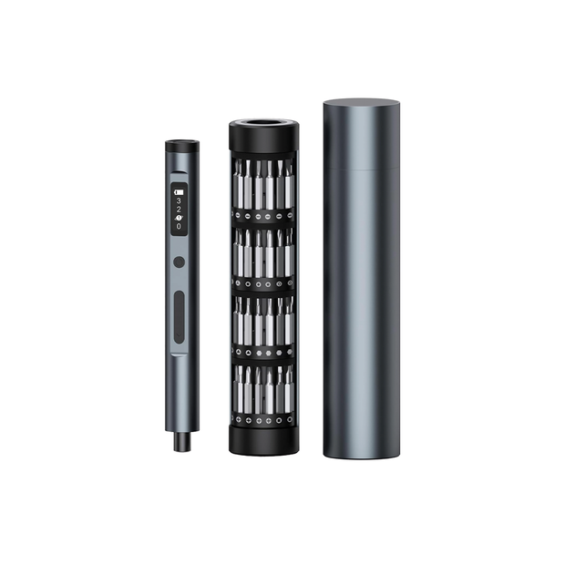 Electric precision screwdriver set with digital display, multiple magnetic bits, and cylindrical storage case — compact and rechargeable design.