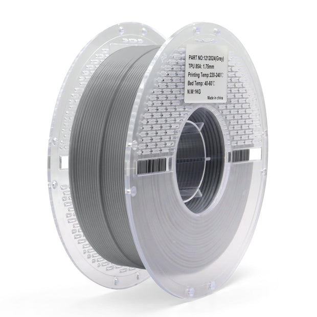 Grey TPU 85A flexible filament spool for 3D printing — strong, elastic, and wear-resistant material ideal for flexible prototypes, gaskets, and protective parts.