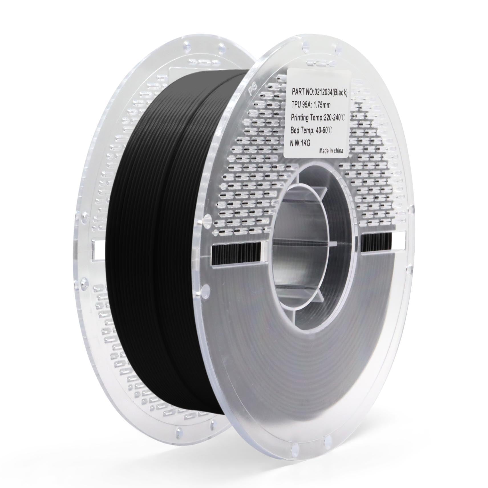 Black TPU 95A filament spool for 3D printing — durable, slightly flexible, and strong material ideal for protective cases, tool grips, and flexible mechanical parts.