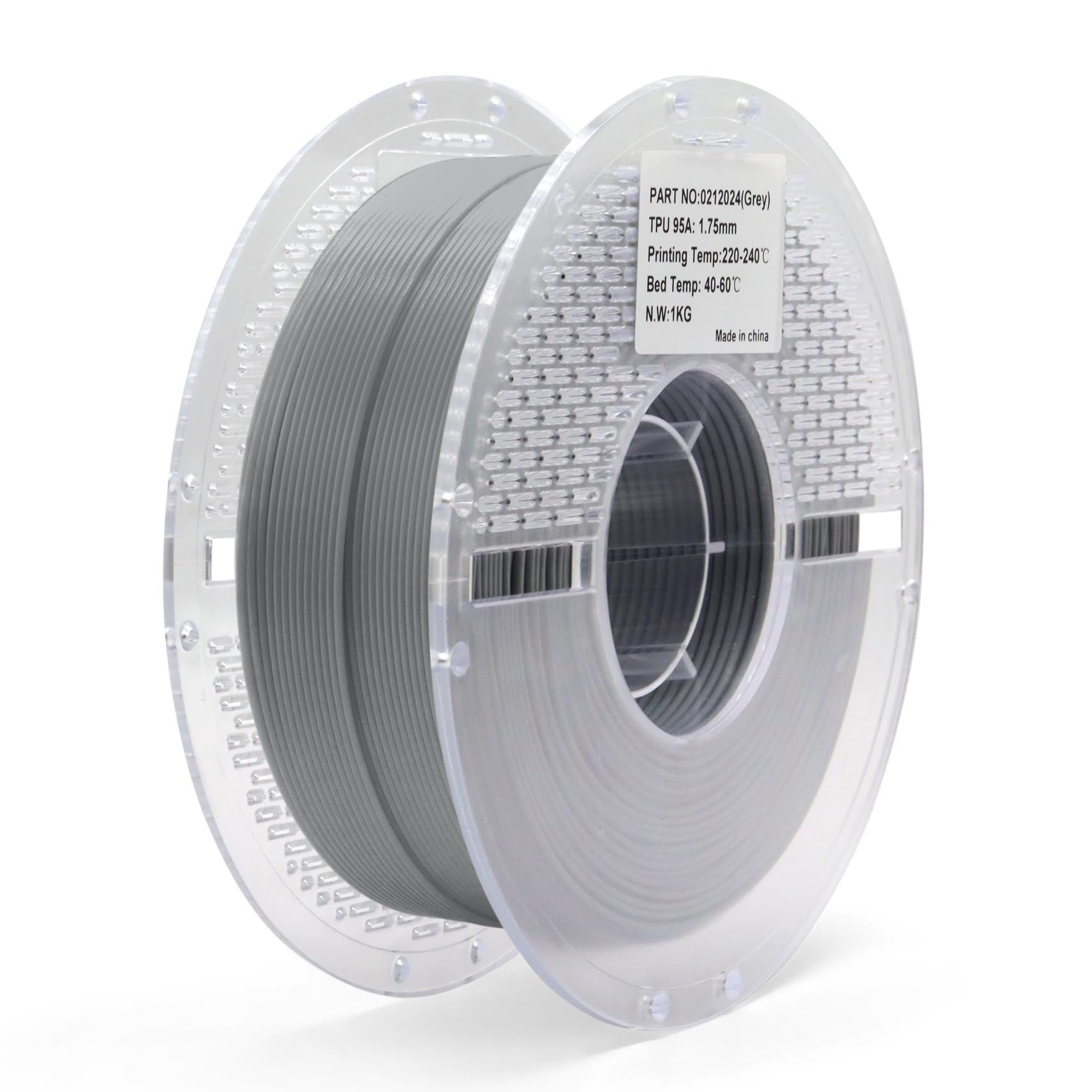 Grey TPU 95A filament spool for 3D printing — durable, slightly flexible, and impact-resistant material ideal for functional parts, gaskets, and protective enclosures.