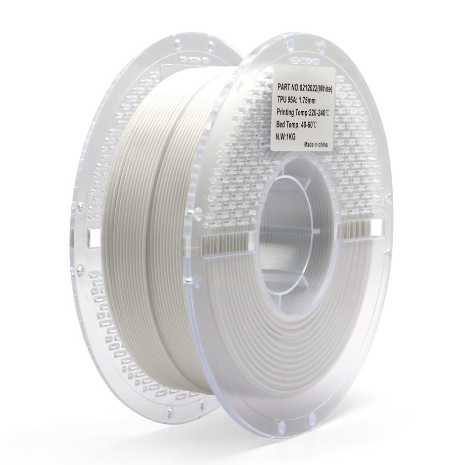 White TPU 95A filament spool for 3D printing — durable, slightly flexible, and abrasion-resistant material ideal for mechanical parts, hinges, and protective components.