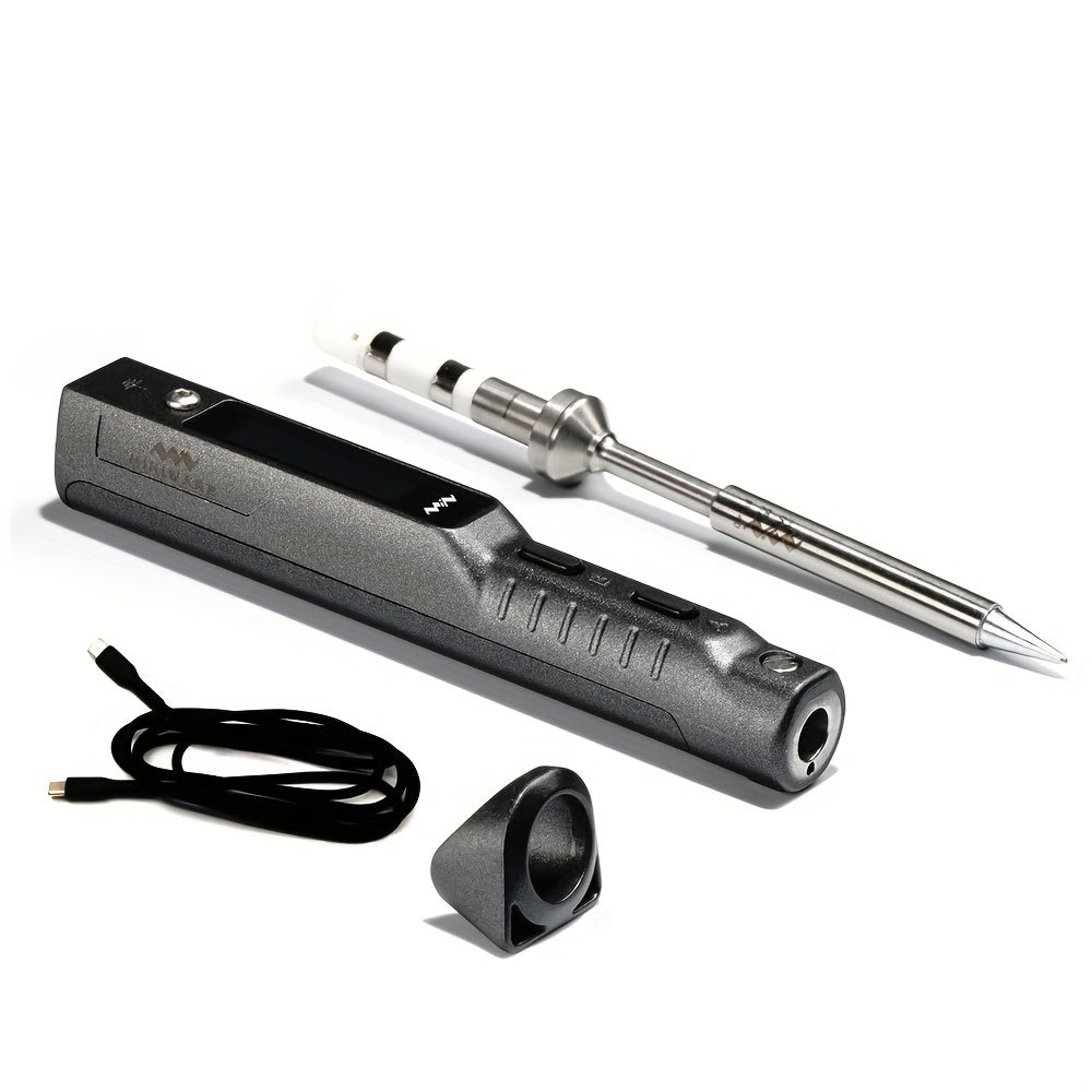TS101 smart soldering iron with digital display, interchangeable tip, USB-C power cable, and stand — compact and precise tool for makers.